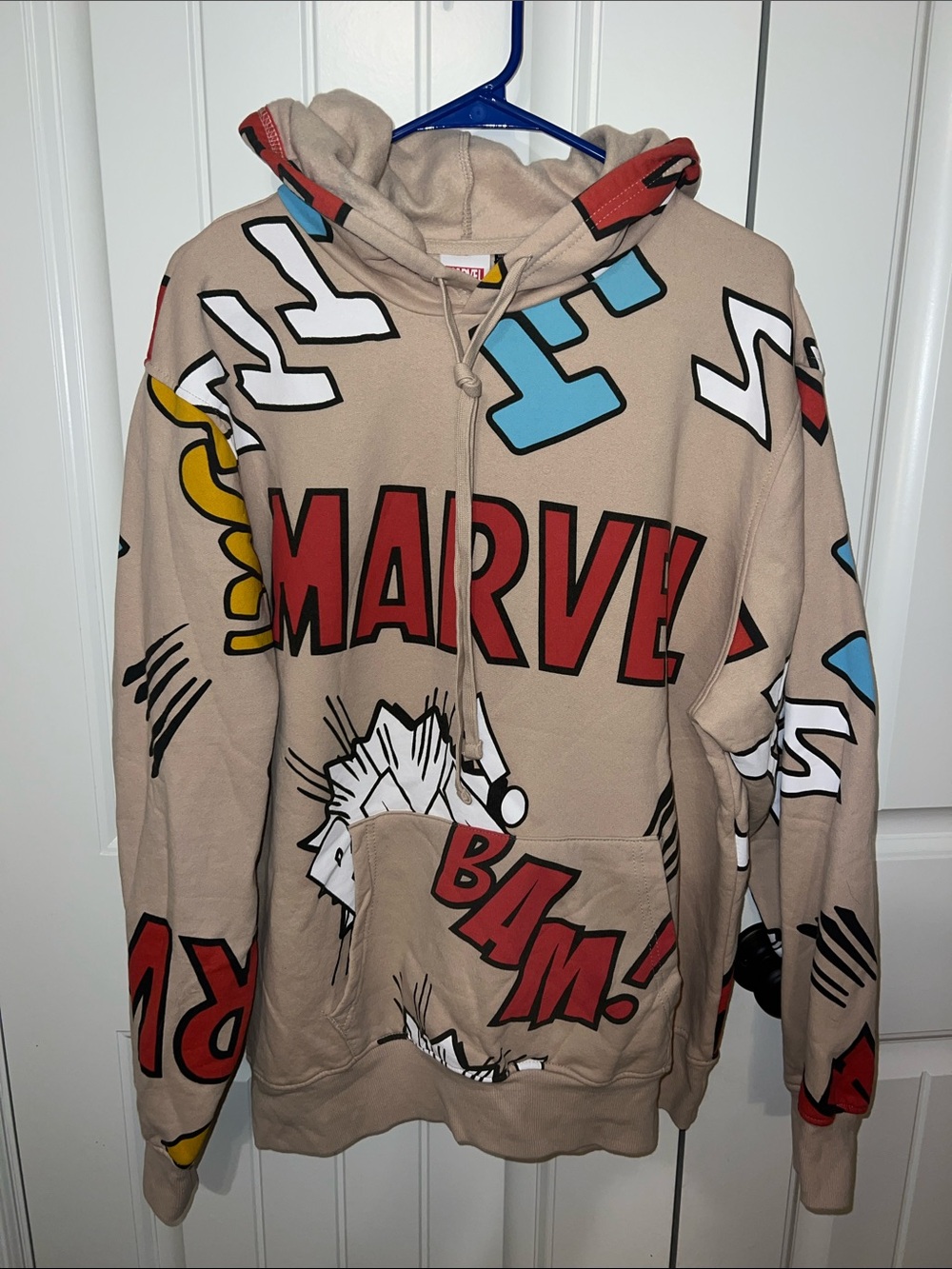 Marvel Beige Comic-Graphic Pullover Hoodie with Red Logo Size XL